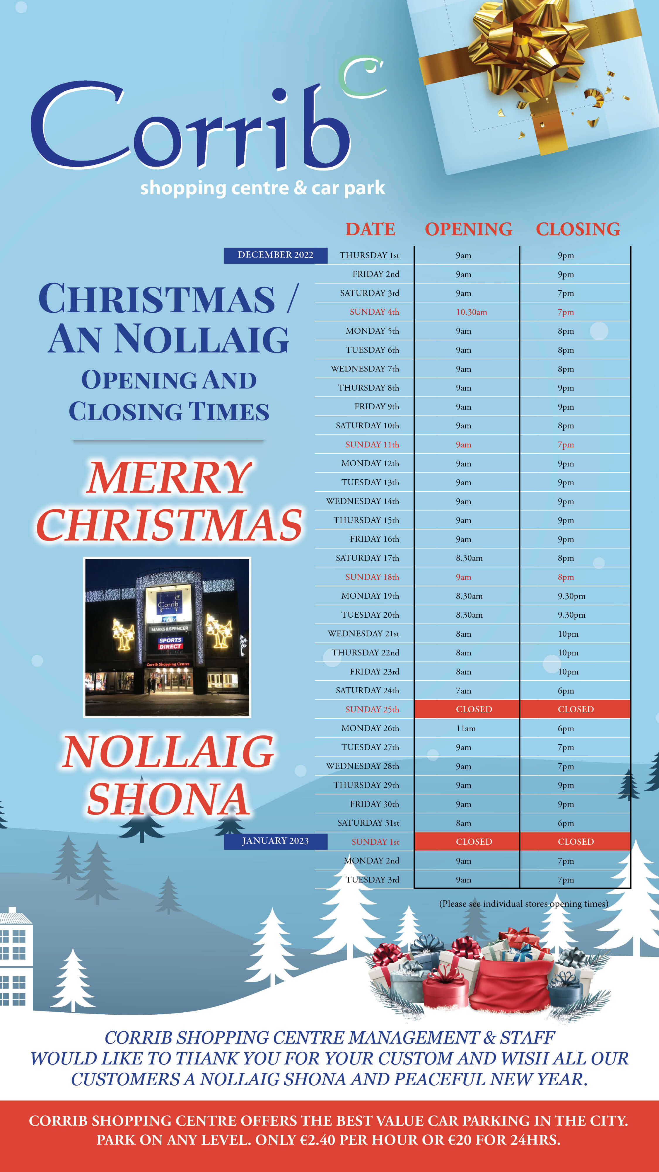 Corrib Christmas hours