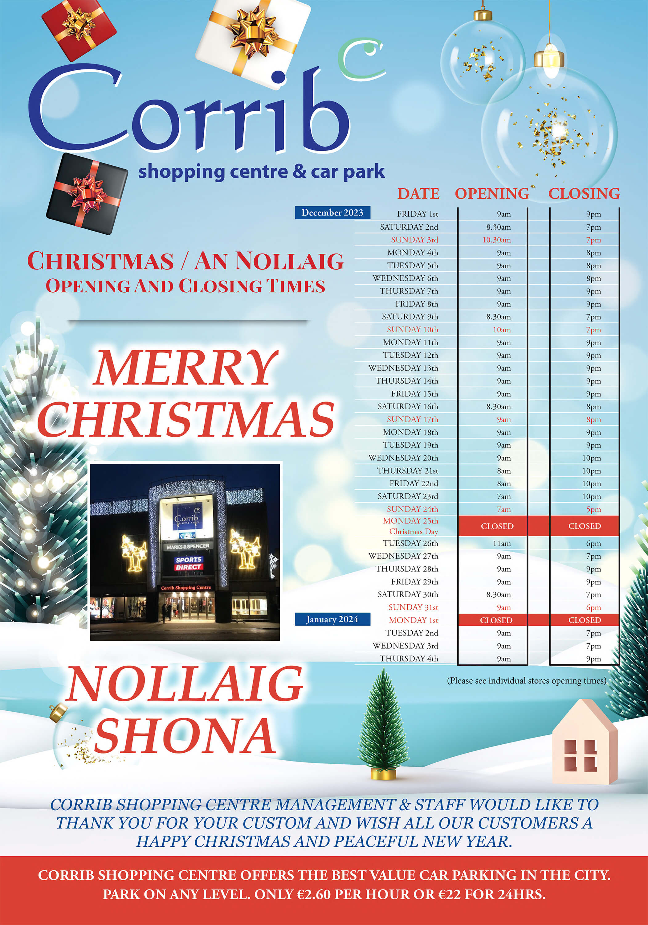 Corrib Shopping Centre_ Christmas 2023 Opening Hours_A3